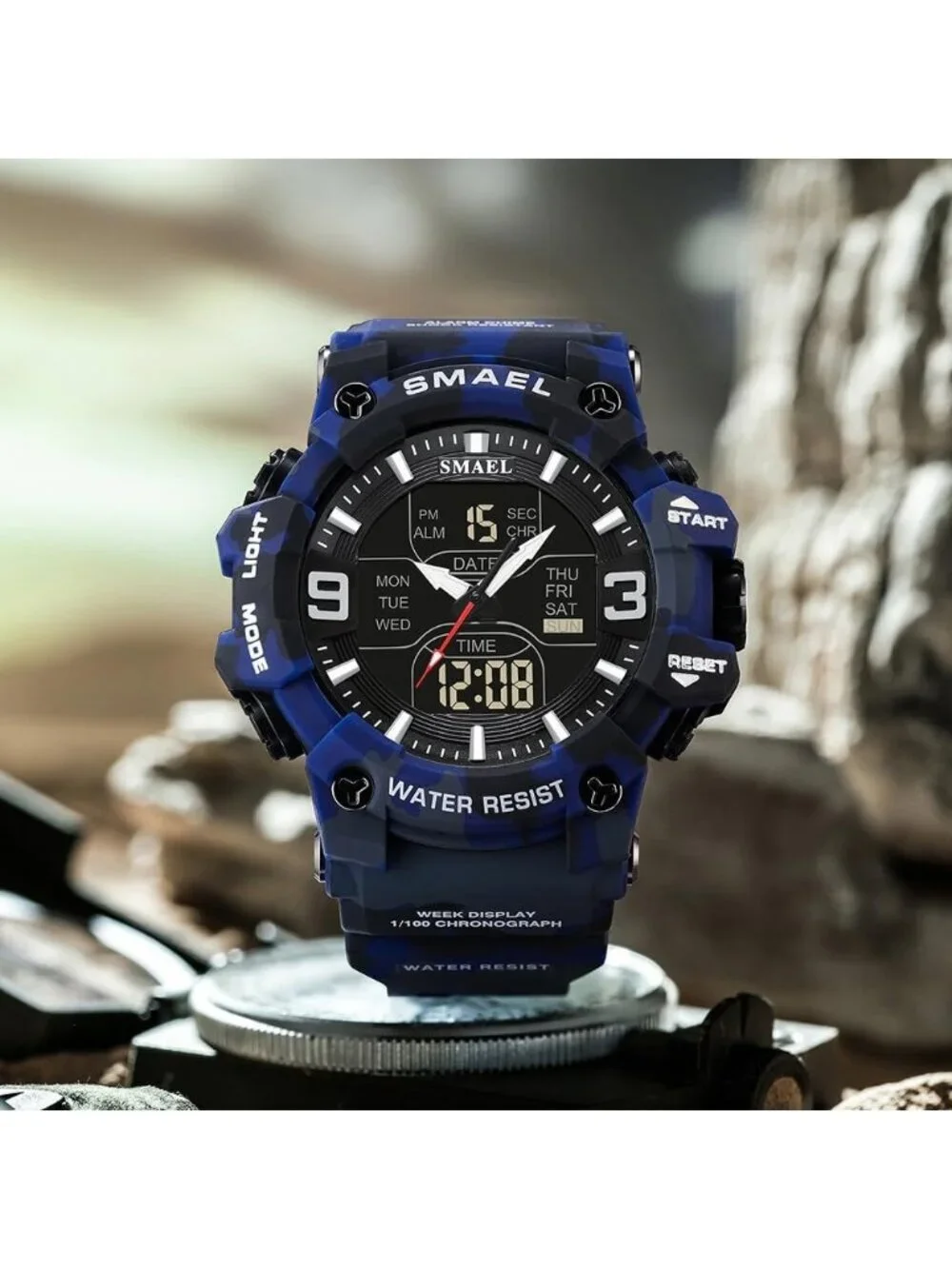 Men's Camouflage Blue Analog Luminous Waterproof LED Electronic Digital Watch